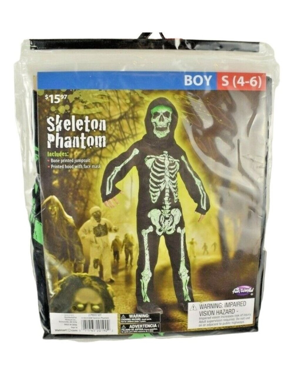 Fun World Skeleton Phantom Boys S 4 to 6 Costume Jumpsuit Skull Mask Halloween